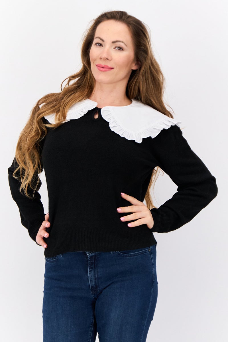 MANGO Women Spread Collar Knitted Sweater, Black - Image 1