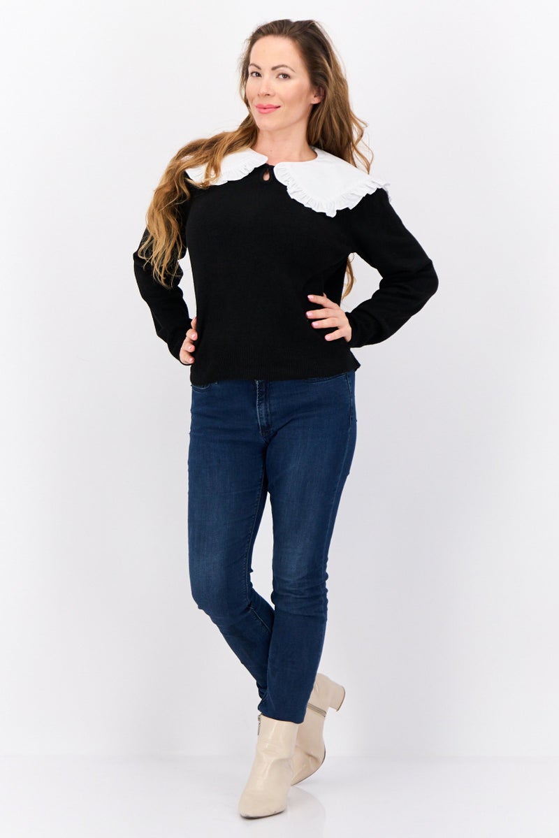 MANGO Women Spread Collar Knitted Sweater, Black - Image 2