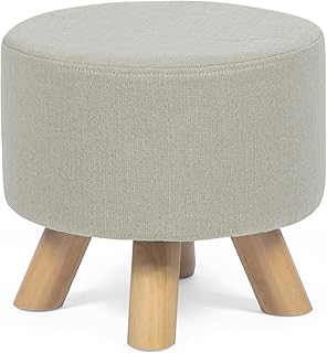 Asense Round Ottoman Foot Rest Stool Linen Fabric Padded Small Seat Ottoman with Non-Skid Wooden Legs - Image 1