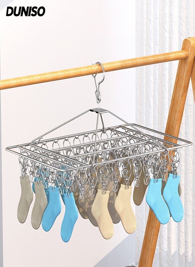 DUNISO Stainless Steel Durable Sock Dryer Foldable Sock Dryer Hanger with 60 Strong Clips Multi-Functional Rustproof Windproof Sock Hanger Space-Saving Rotary Wind-sock Dryer Hanger for Shoe Insoles, Socks, Underwear, Baby Clothes - Image 1
