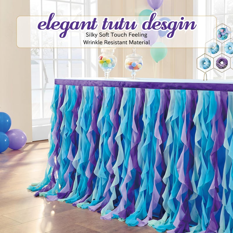 leegleri 6FT/72inch Mermaid Curly Willow Tulle Ruffle Table Skirt Rectangle Tables or Round Tables, Blue Tutu Table Skirt for Baby Shower Baby Shark Birthday Party - Image 2