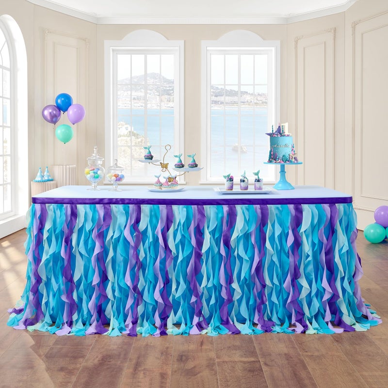 leegleri 6FT/72inch Mermaid Curly Willow Tulle Ruffle Table Skirt Rectangle Tables or Round Tables, Blue Tutu Table Skirt for Baby Shower Baby Shark Birthday Party - Image 1