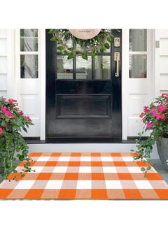 Generic 40*60cm Plain Plaid Floor Mat Home Porch Carpet Festive Atmosphere Decorative Carpet Washable Woven Outdoor Indoor Welcome Mat Suitable for Front Door/Farmhouse/Entrance/Home Entrance Outdoor Carpet (Orange grid)  - Image 5