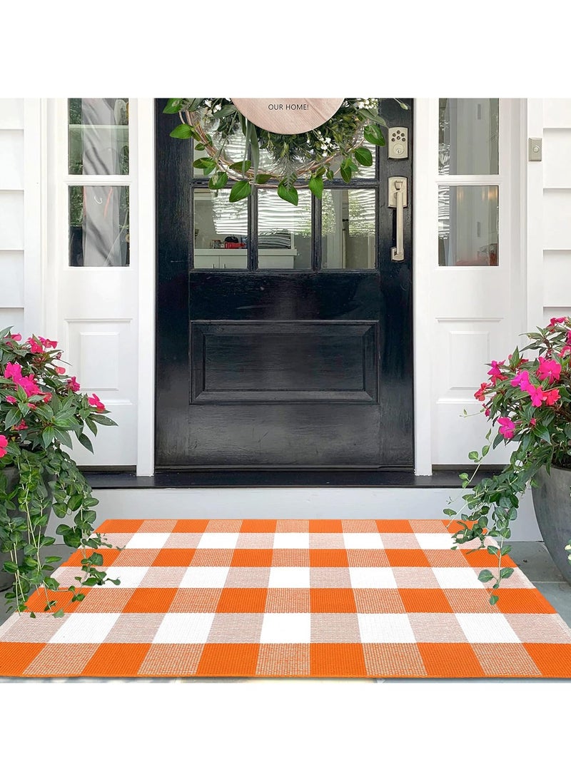 Generic 40*60cm Plain Plaid Floor Mat Home Porch Carpet Festive Atmosphere Decorative Carpet Washable Woven Outdoor Indoor Welcome Mat Suitable for Front Door/Farmhouse/Entrance/Home Entrance Outdoor Carpet (Orange grid)  - Image 5