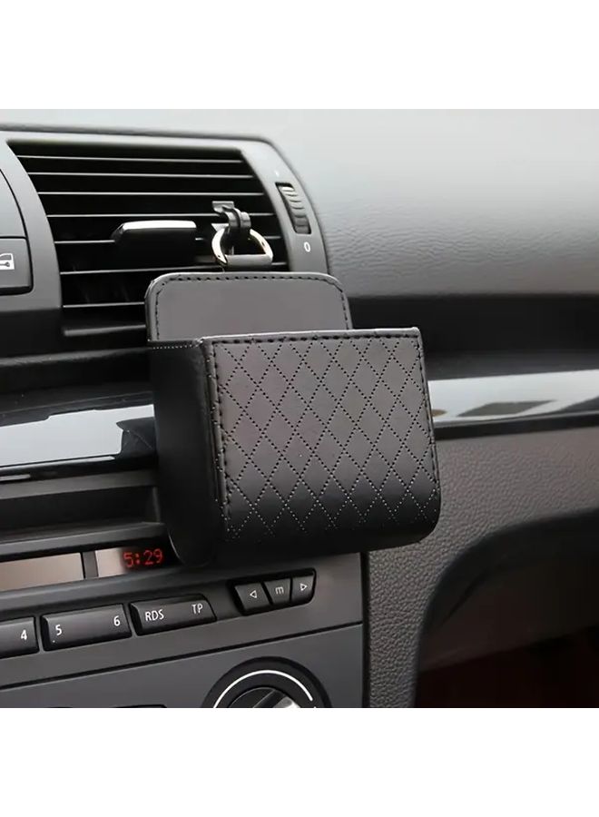 Black Hanging Car Air Vent Organizer For Phone And Cards Quilted Faux Leather Storage Bag - Image 4