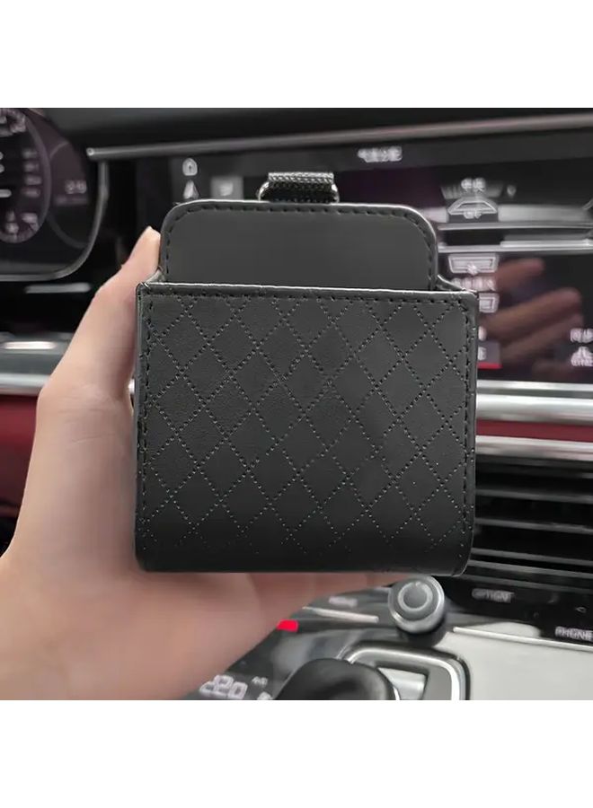 Black Hanging Car Air Vent Organizer For Phone And Cards Quilted Faux Leather Storage Bag - Image 3
