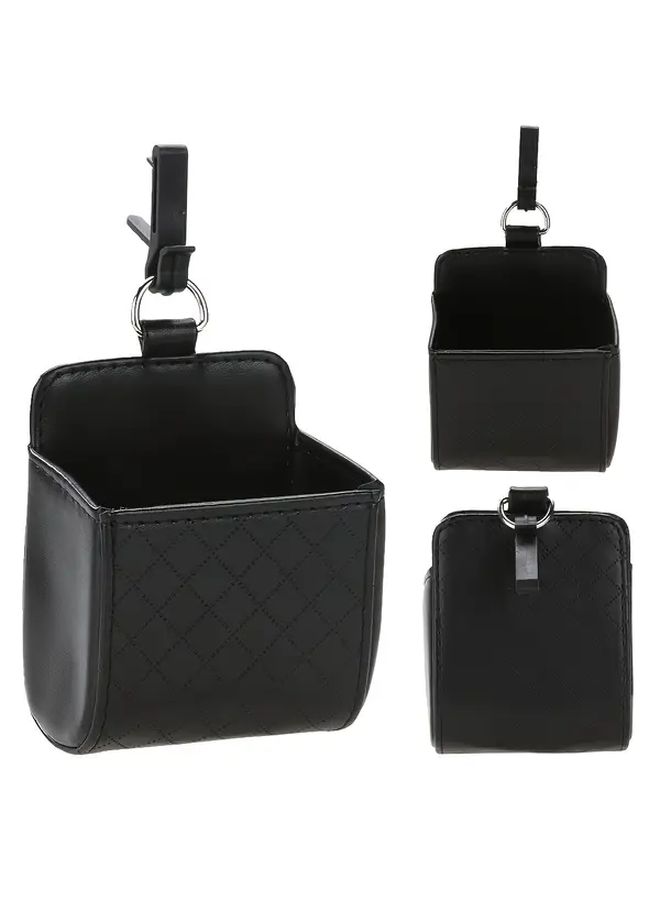 Black Hanging Car Air Vent Organizer For Phone And Cards Quilted Faux Leather Storage Bag - Image 5