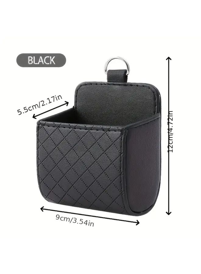Black Hanging Car Air Vent Organizer For Phone And Cards Quilted Faux Leather Storage Bag - Image 2