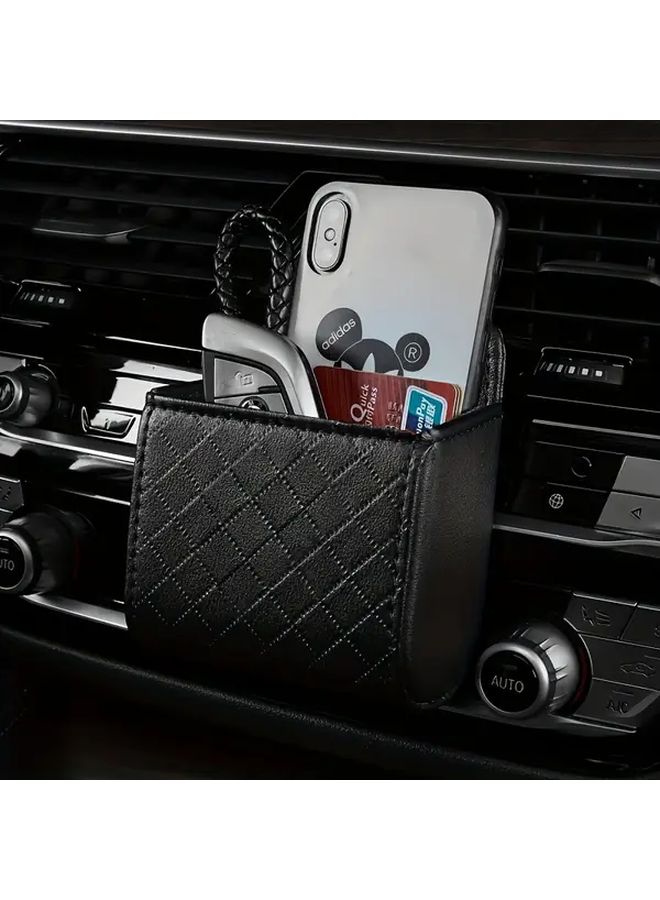 Black Hanging Car Air Vent Organizer For Phone And Cards Quilted Faux Leather Storage Bag - Image 1