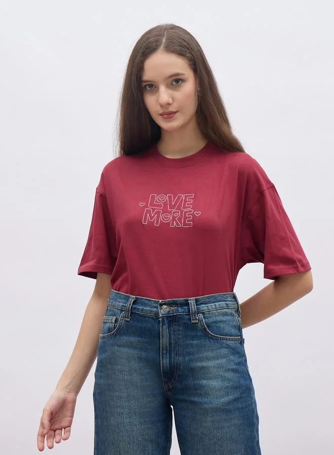 Styli Red Embroidered Oversized T-Shirt