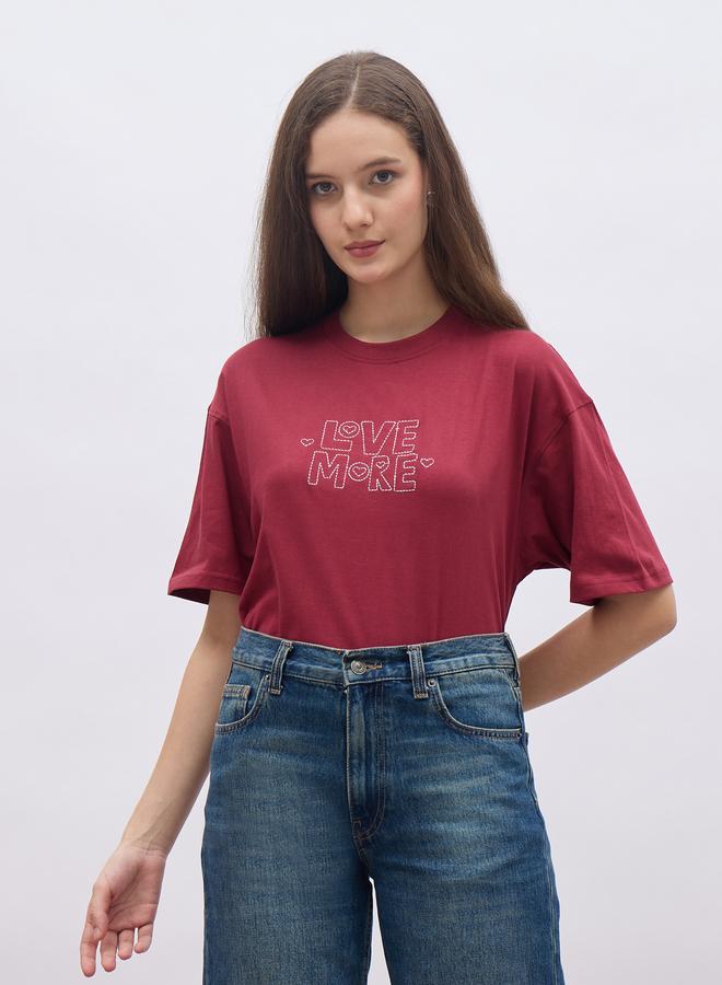 Styli Red Embroidered Oversized T-Shirt - Image 1