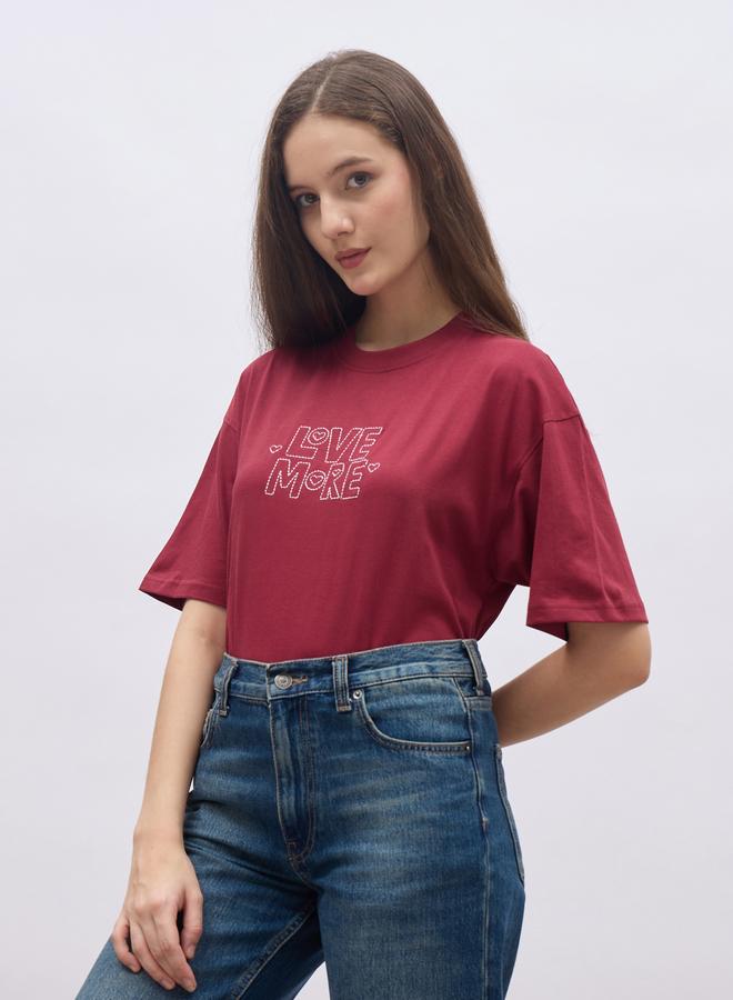 Styli Red Embroidered Oversized T-Shirt - Image 3