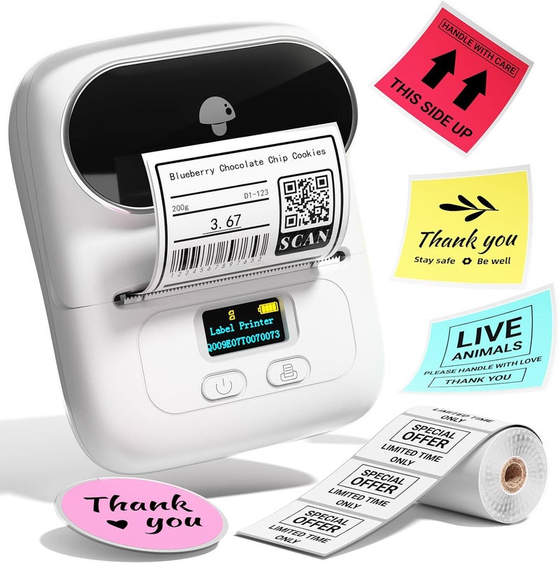 Memoqueen Label Maker Machine M110 Portable Thermal Label Printer with Screen for Storage, Shipping, Barcode, Office, Home, Mini Sticker Printer for Arabic & English Multiple Templates with Label Paper, White - Image 1