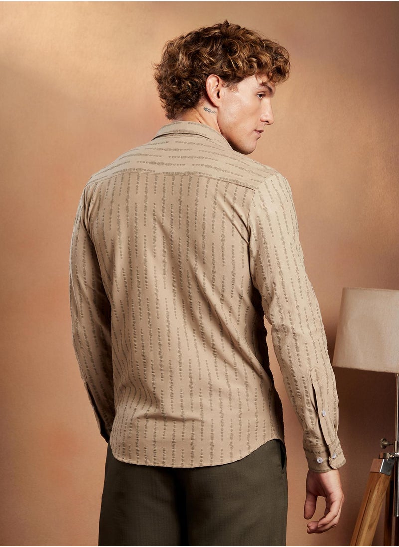 Campus Sutra Campus Sutra Men's Sand Beige Tassel-Weave Shirt For Casual Wear | Spread Collar | Long Cuffed Sleeves | Button Closure | Shirt Crafted With Comfort Fit For Everyday Wear  - Image 5
