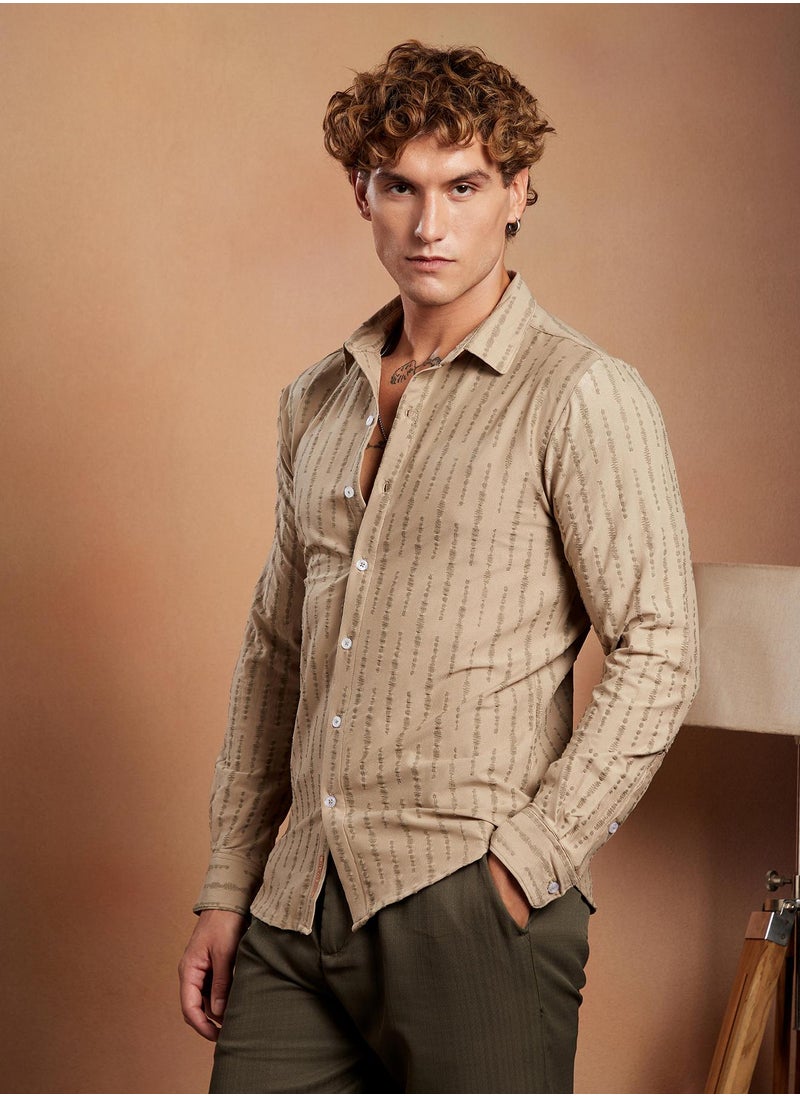Campus Sutra Campus Sutra Men's Sand Beige Tassel-Weave Shirt For Casual Wear | Spread Collar | Long Cuffed Sleeves | Button Closure | Shirt Crafted With Comfort Fit For Everyday Wear  - Image 3