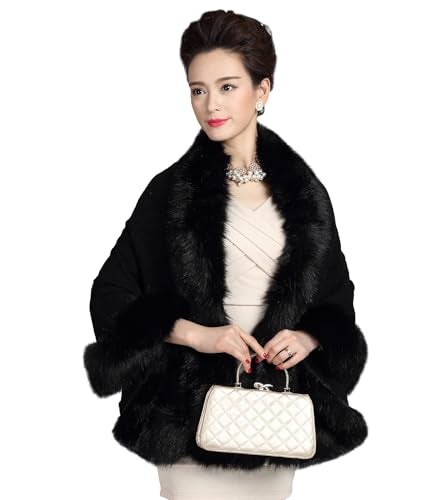 ELFJOY Bridal Faux Fur Shawl and Wraps for Weddings Faux Fur Coat Women Luxury Evening Dresses Fluffy Cape for Women (Black) - Image 1
