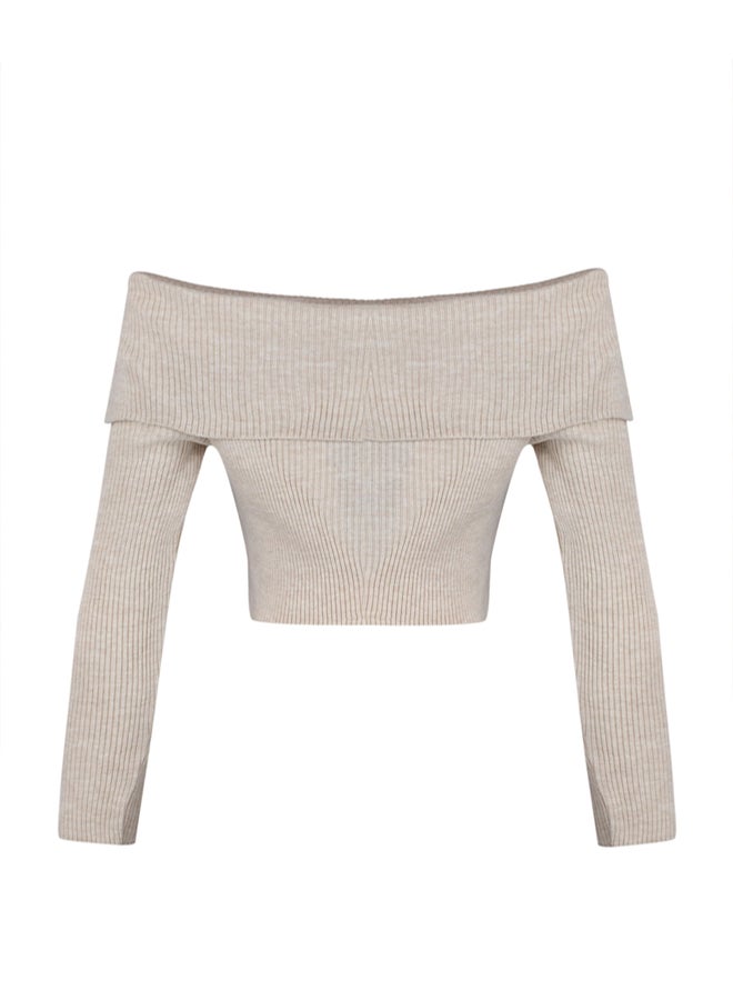 trendyol Stone Super Crop Carmen Collar Knitwear Sweater - Image 5