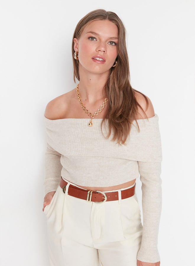 trendyol Stone Super Crop Carmen Collar Knitwear Sweater - Image 3