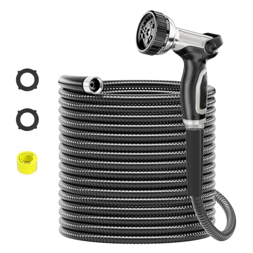 SPECILITE 50ft 304 Stainless Steel Garden Hose Metal, Heavy Duty Water Pipe with Nozzles for Yard, Outdoor - Flexible, Never Kink & Tangle, Puncture Resistant (Black) - Image 1