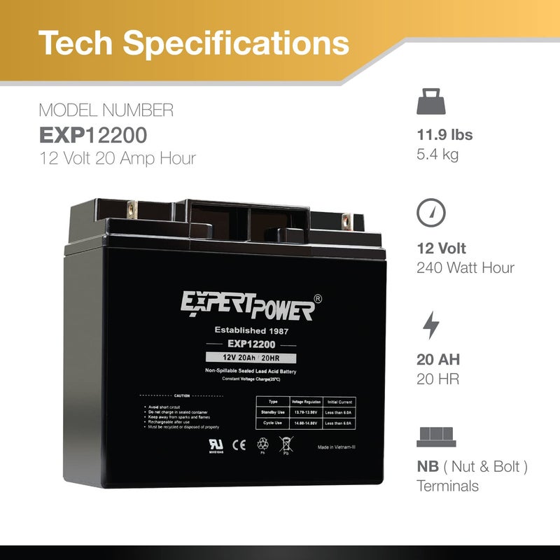 ExpertPower 12 Volt 20 Ah EXP12200 Rechargeable SLA Battery - Image 3