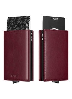 VULKIT Credit Card Holder with Banknote Compartment RFID Blocking Pop up Leather Card Wallet with ID Window for Men or Women(Wine)  - Image 1