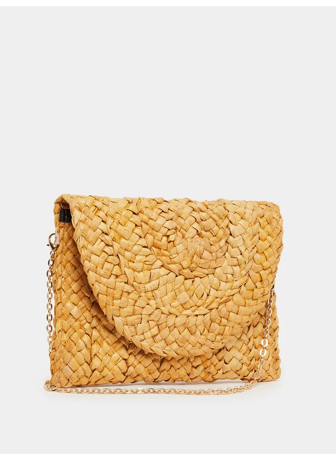 Styli Styli Weave Design Straw Clutch with Chain Strap