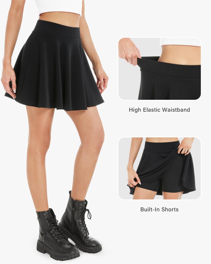 Stelle Women's Casual Skort with Shorts Basic Versatile Stretchy Flared Pleated Skater Mini Skirts (Black, L) - Image 4