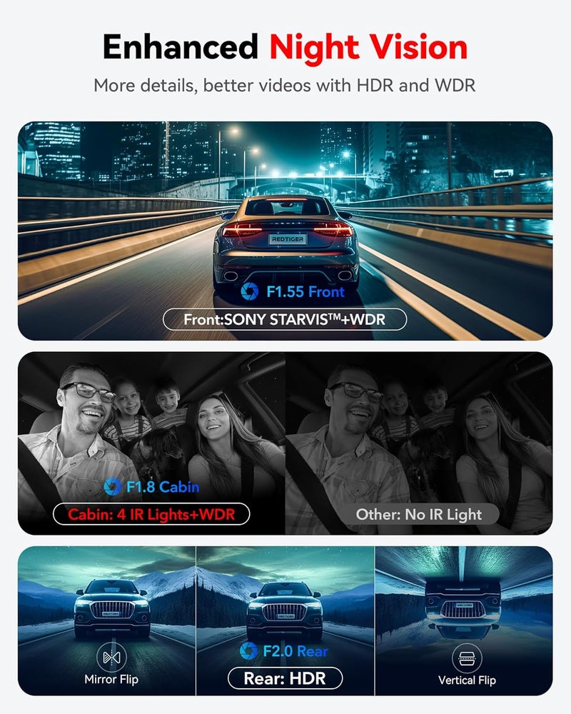 REDTIGER 4K 3 Channel Dash Cam with 5G WiFi and GPS, 64GB Card Included - Image 3