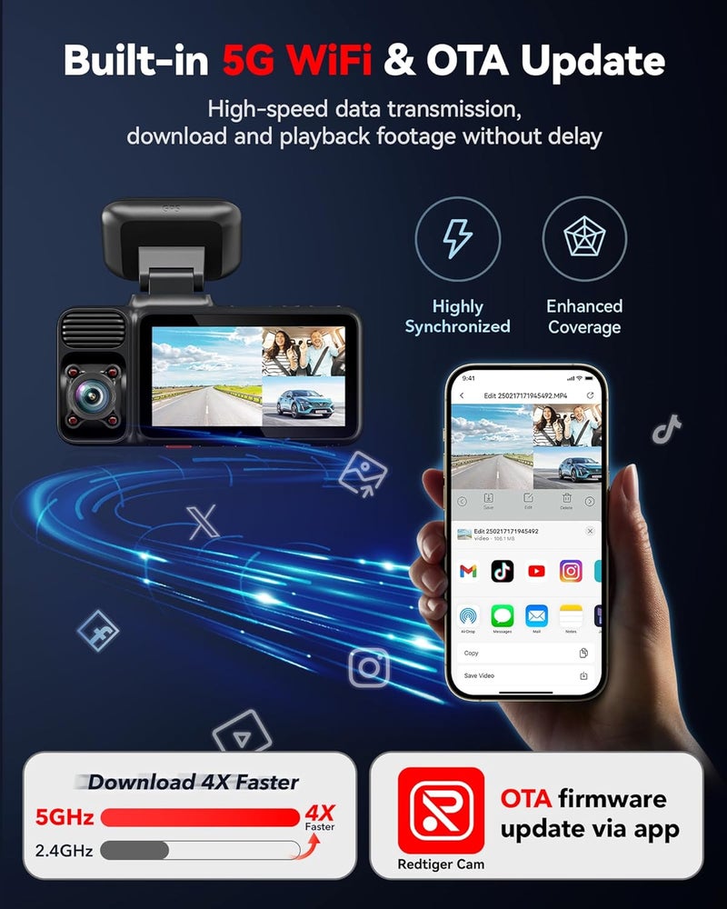 REDTIGER 4K 3 Channel Dash Cam with 5G WiFi and GPS, 64GB Card Included - Image 4