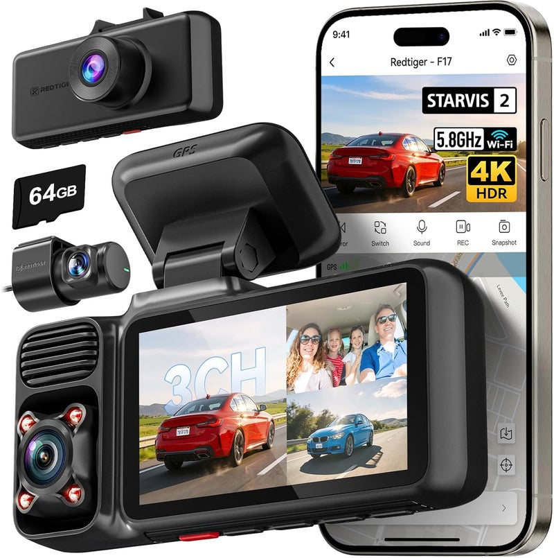 REDTIGER 4K 3 Channel Dash Cam with 5G WiFi and GPS, 64GB Card Included - Image 1