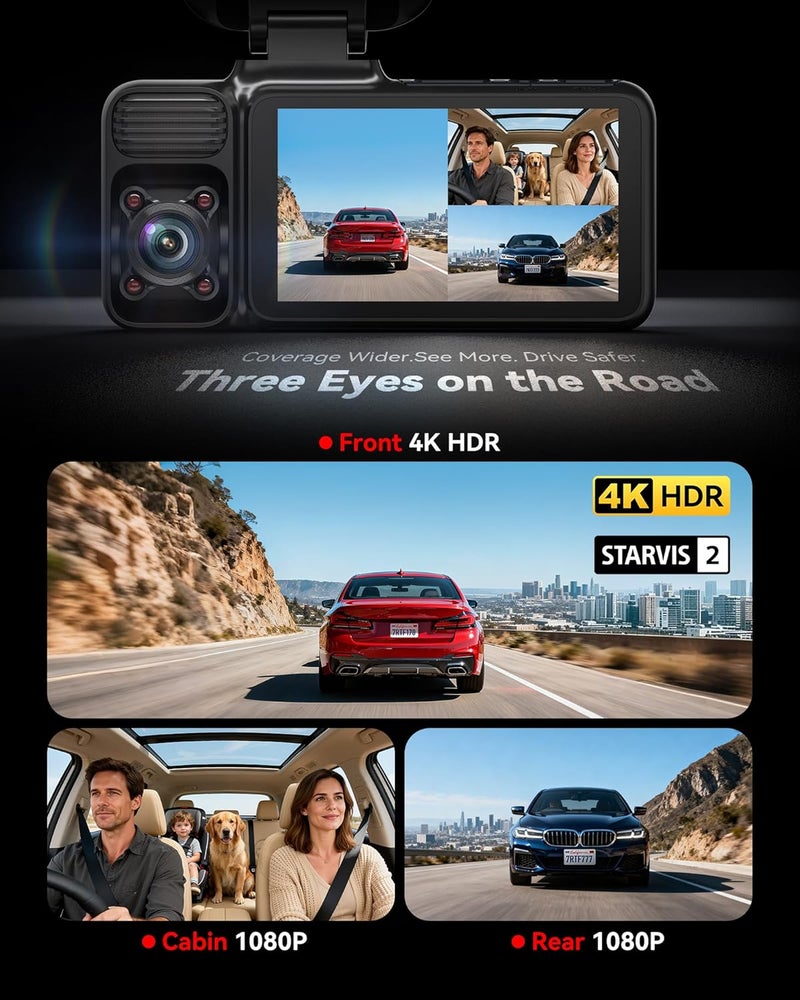 REDTIGER 4K 3 Channel Dash Cam with 5G WiFi and GPS, 64GB Card Included - Image 2