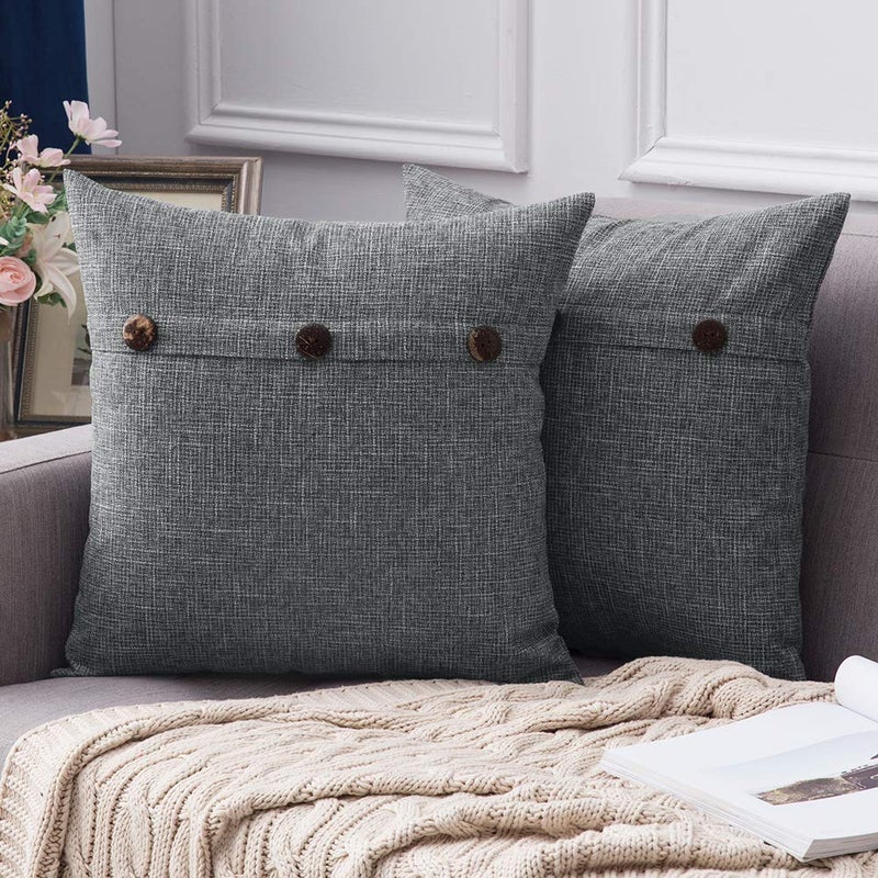 MIULEE MIULEE Set of 2 Decorative Linen Throw Pillow Covers Cushion Case Triple Button Vintage Farmhouse Pillowcase for Couch Sofa Bed 18 x 18 Inch 45 x 45 cm Dark Grey - Image 1