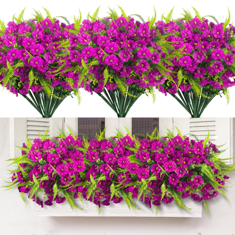 HIAGROW 12 Bundles Fake Flowers Paired with Fern, Magenta Artificial Flowers for Outdoors UV Resistant Shrubs Faux Flowers for Indoor Outdoor Decorations - Image 1