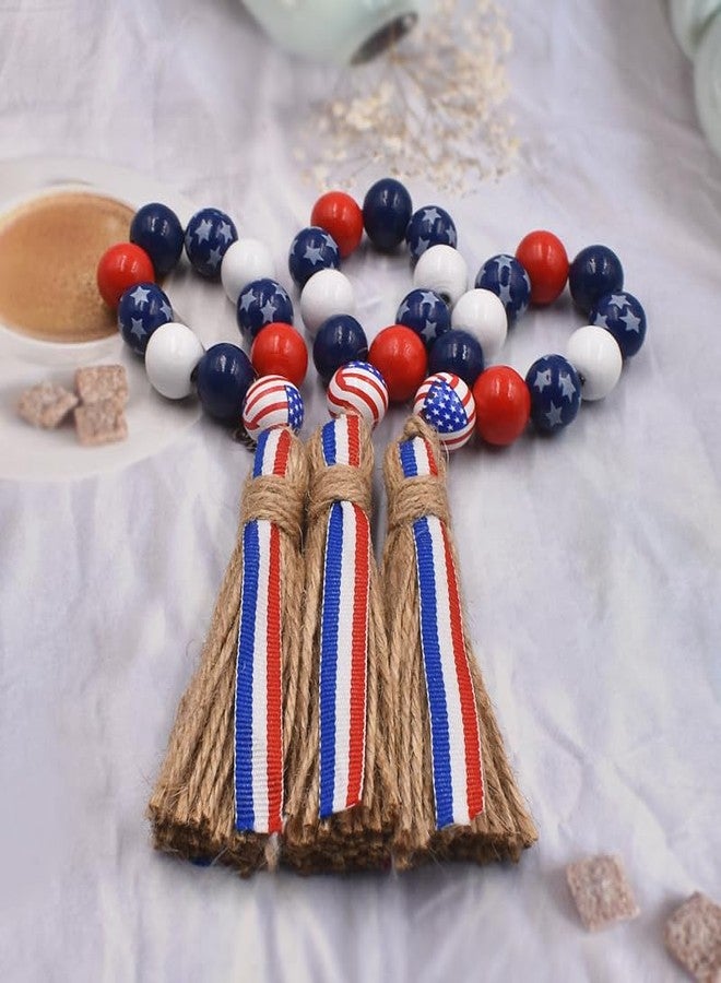 werdecade Patriotic Napkin Rings Set of 6,Wood Bead Napkin Holder Ring with Rope Tassel Farmhouse Wooden Beads Garland Wall Hanging Decor for Independence Day(Patriotic Napkin Rings) - Image 2