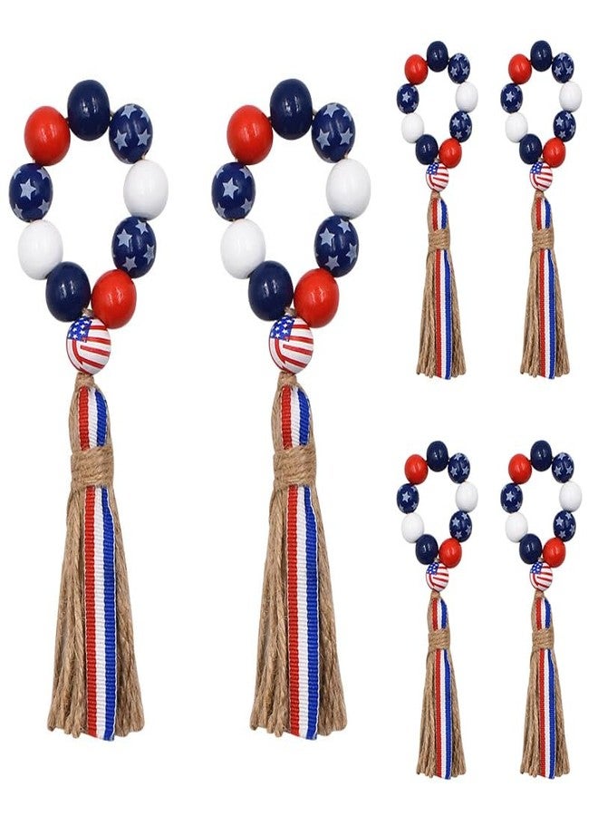 werdecade Patriotic Napkin Rings Set of 6,Wood Bead Napkin Holder Ring with Rope Tassel Farmhouse Wooden Beads Garland Wall Hanging Decor for Independence Day(Patriotic Napkin Rings) - Image 1