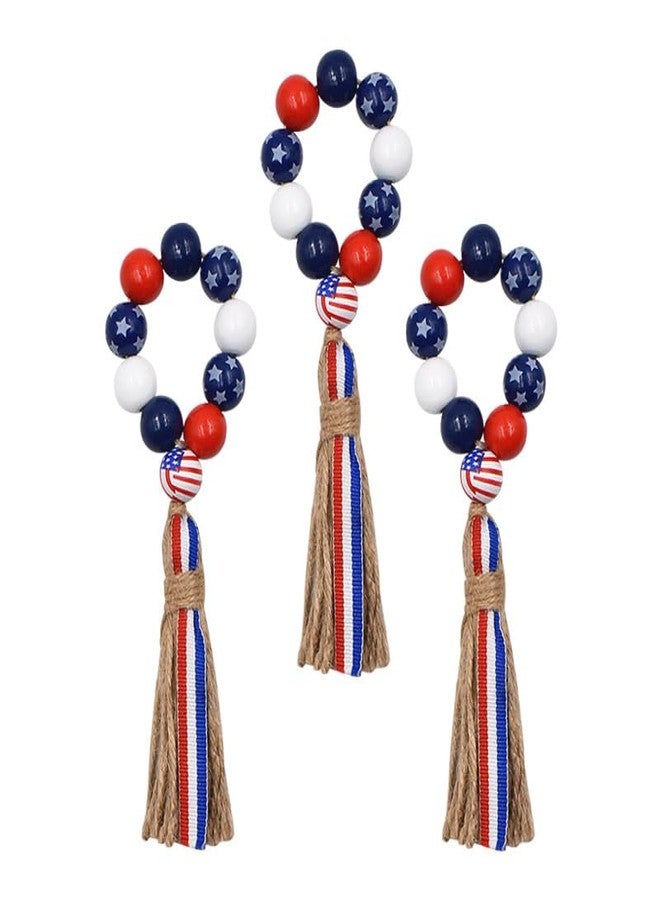 werdecade Patriotic Napkin Rings Set of 6,Wood Bead Napkin Holder Ring with Rope Tassel Farmhouse Wooden Beads Garland Wall Hanging Decor for Independence Day(Patriotic Napkin Rings) - Image 3