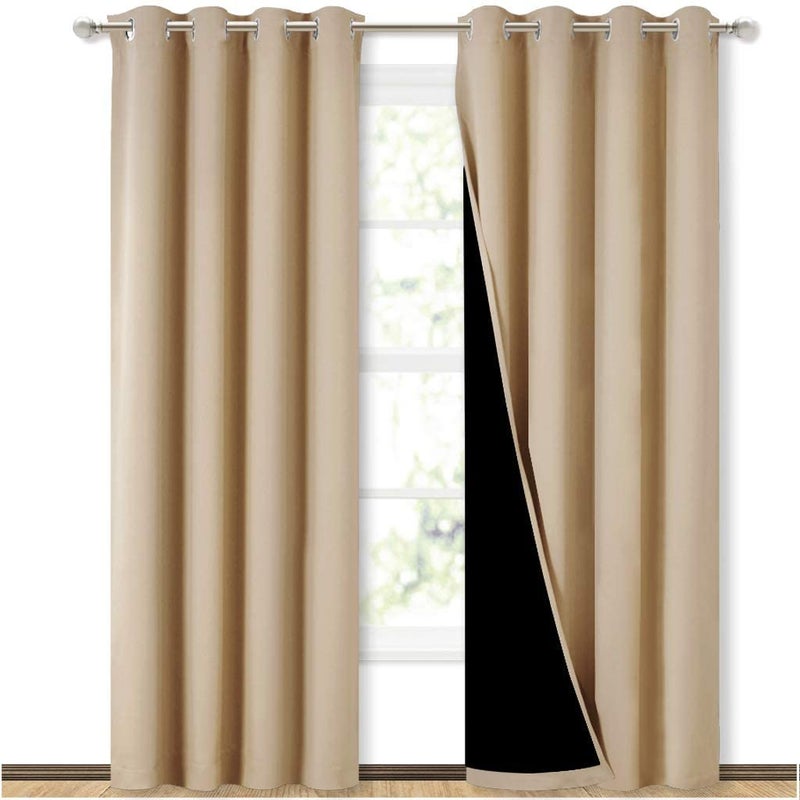 BFAM Premium Full Blackout Curtain 100 Blackout Curtain for Bedroom with Black Liner Double LayerRoom Darkening noice reducing 38 feet Wide Set of 2 Biscotti Beige 9 FT Long Door - Image 1