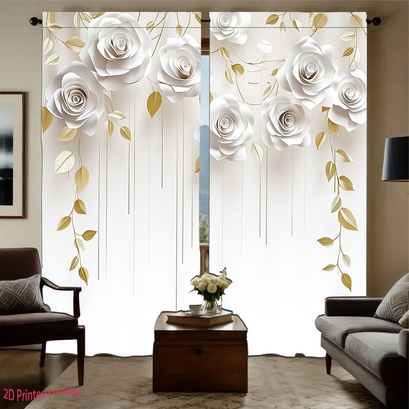2pcs White Paper Roses 21.65 Inch Curtain Decor Easy Hang Rod Bedroom Living Room Curtains - Image 1