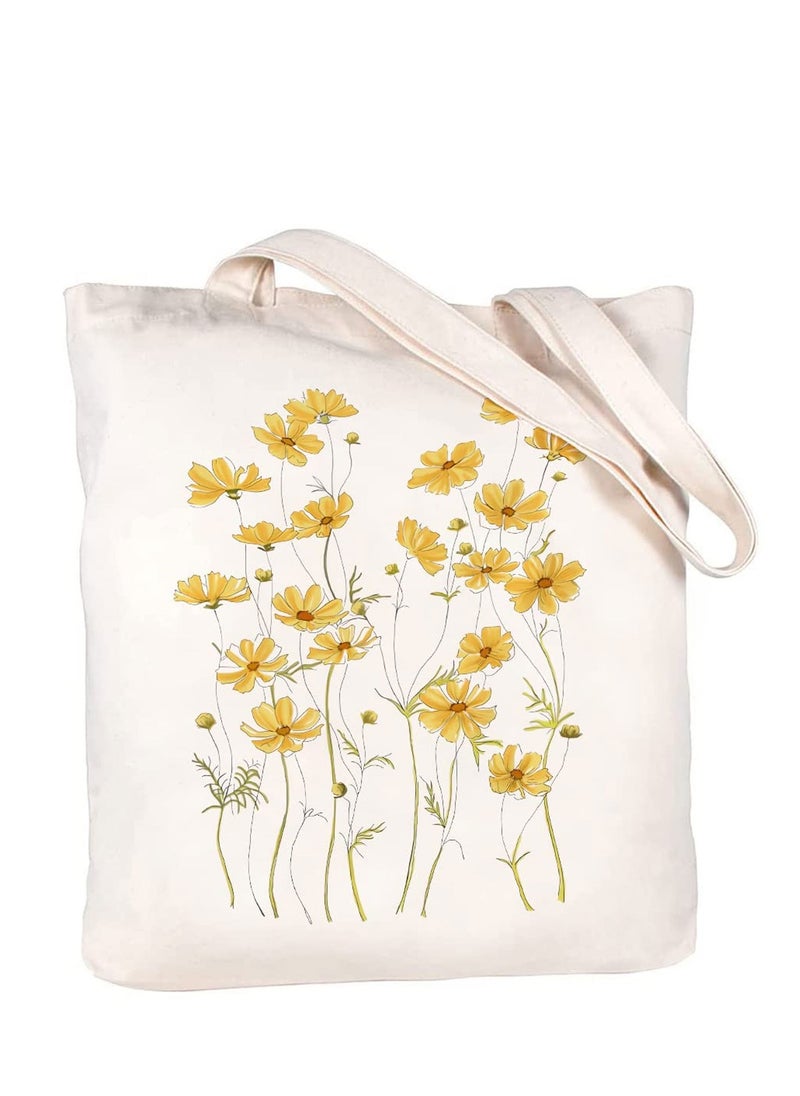 SYOSI - Canvas Tote Bag Aesthetic for Women Cute Reusable Tote Bags with Metal Zipper Flower Pattern Big Canvas Tote Bags for Girls Shopping School Students Library (13.8 * 15.7 inch) - Image 1