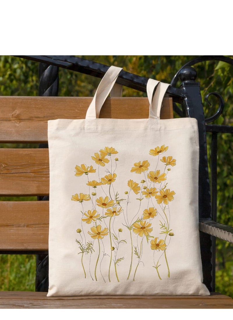 SYOSI - Canvas Tote Bag Aesthetic for Women Cute Reusable Tote Bags with Metal Zipper Flower Pattern Big Canvas Tote Bags for Girls Shopping School Students Library (13.8 * 15.7 inch) - Image 1