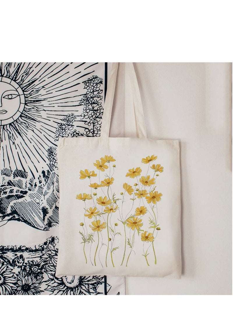 SYOSI - Canvas Tote Bag Aesthetic for Women Cute Reusable Tote Bags with Metal Zipper Flower Pattern Big Canvas Tote Bags for Girls Shopping School Students Library (13.8 * 15.7 inch) - Image 1