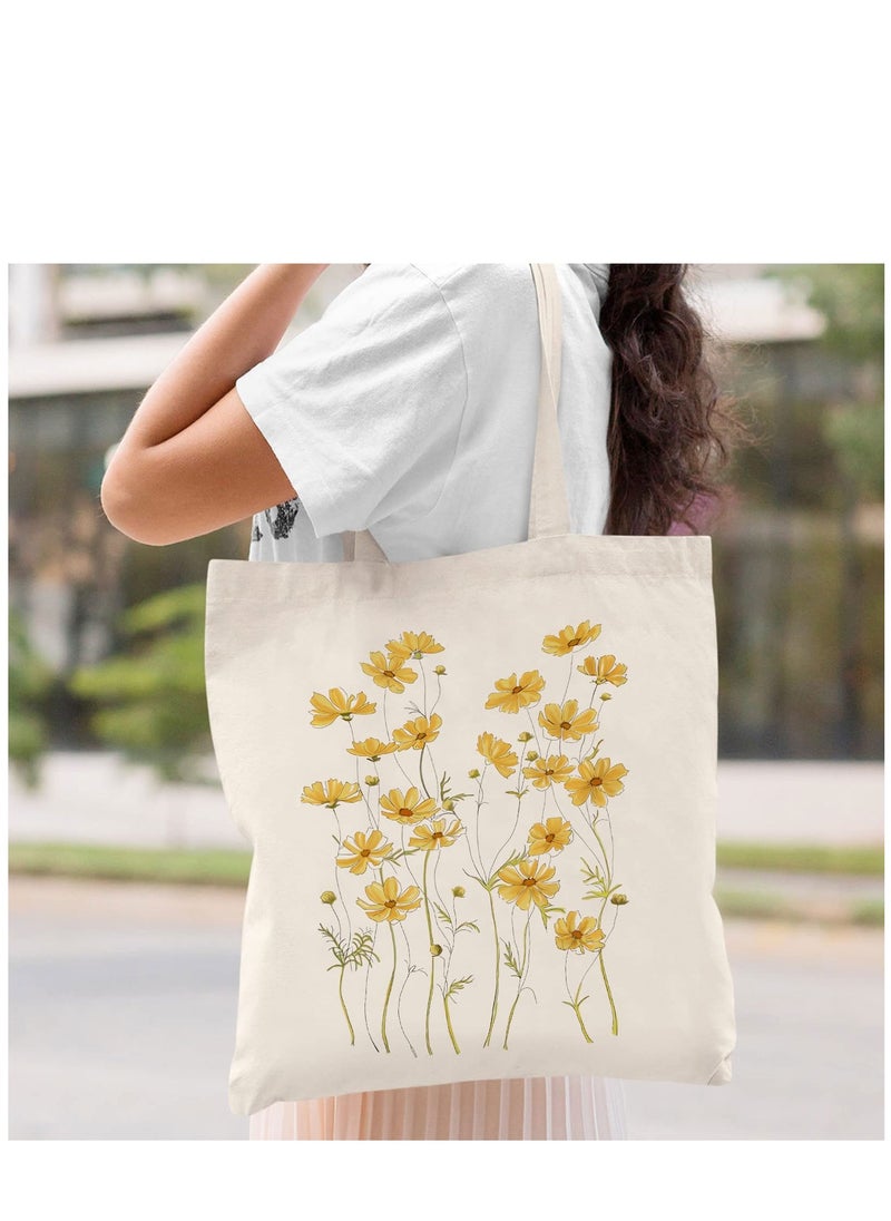 SYOSI - Canvas Tote Bag Aesthetic for Women Cute Reusable Tote Bags with Metal Zipper Flower Pattern Big Canvas Tote Bags for Girls Shopping School Students Library (13.8 * 15.7 inch) - Image 1