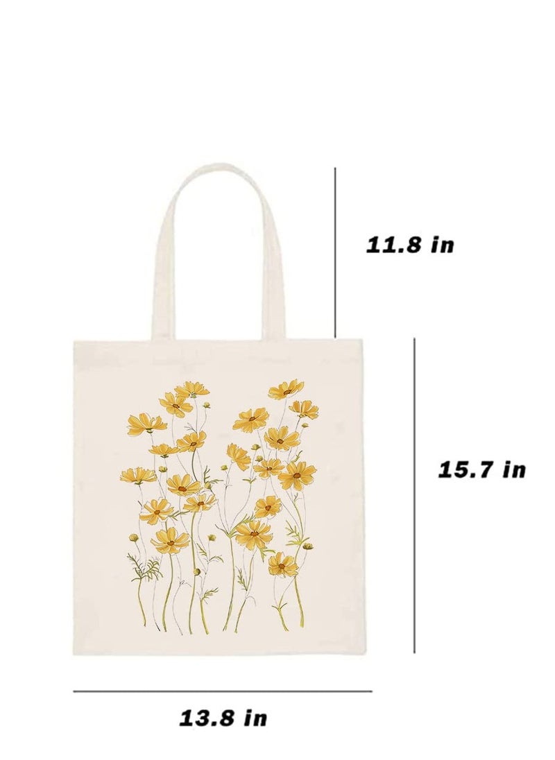 SYOSI - Canvas Tote Bag Aesthetic for Women Cute Reusable Tote Bags with Metal Zipper Flower Pattern Big Canvas Tote Bags for Girls Shopping School Students Library (13.8 * 15.7 inch) - Image 1