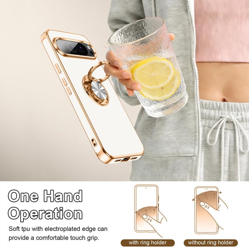 Tnarru Designed for Google Pixel 10/Pixel 10 Pro Case with Ring Stand, Support Magnetic Car Mount Rotating Finger Holder Soft TPU Cover Plating Edge Slim Phone Case for Pixel 10/10 Pro 5G White - Image 4