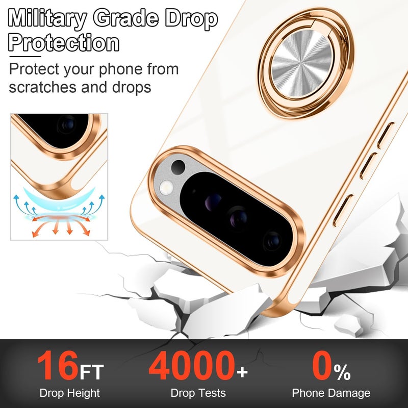 Tnarru Designed for Google Pixel 10/Pixel 10 Pro Case with Ring Stand, Support Magnetic Car Mount Rotating Finger Holder Soft TPU Cover Plating Edge Slim Phone Case for Pixel 10/10 Pro 5G White - Image 5