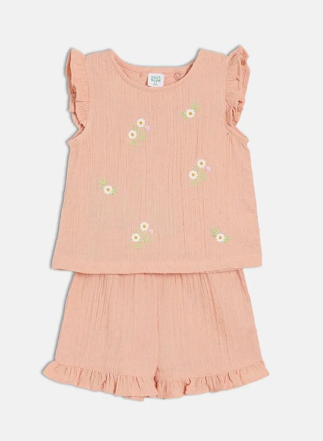 MINIKLUB Girls Embroidered Cotton Top and Shorts Set