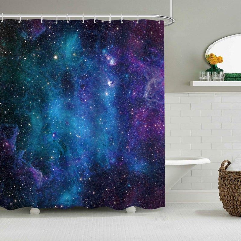 Riyidecor Extra Long Galaxy Outer Space Shower Curtain 72Wx84H Inch Universe Planets Magical Fantasy Starry Nebula in Blue Sky Ocean Decor Fabric Bathroom 12 Pack Plastic Hooks WW-CLLE - Image 3