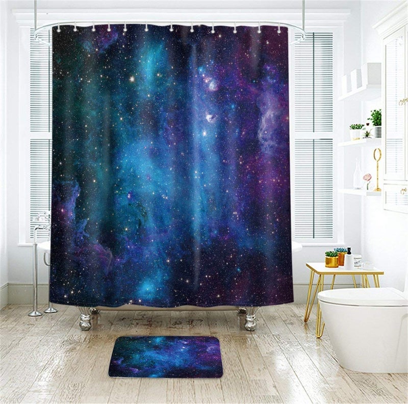 Riyidecor Extra Long Galaxy Outer Space Shower Curtain 72Wx84H Inch Universe Planets Magical Fantasy Starry Nebula in Blue Sky Ocean Decor Fabric Bathroom 12 Pack Plastic Hooks WW-CLLE - Image 5
