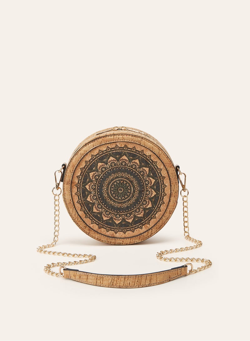 Women Bohemian Mandala Floral Print Round Crossbody Bag, Recycled Cork Circular Chain Shoulder Handbag - Image 1