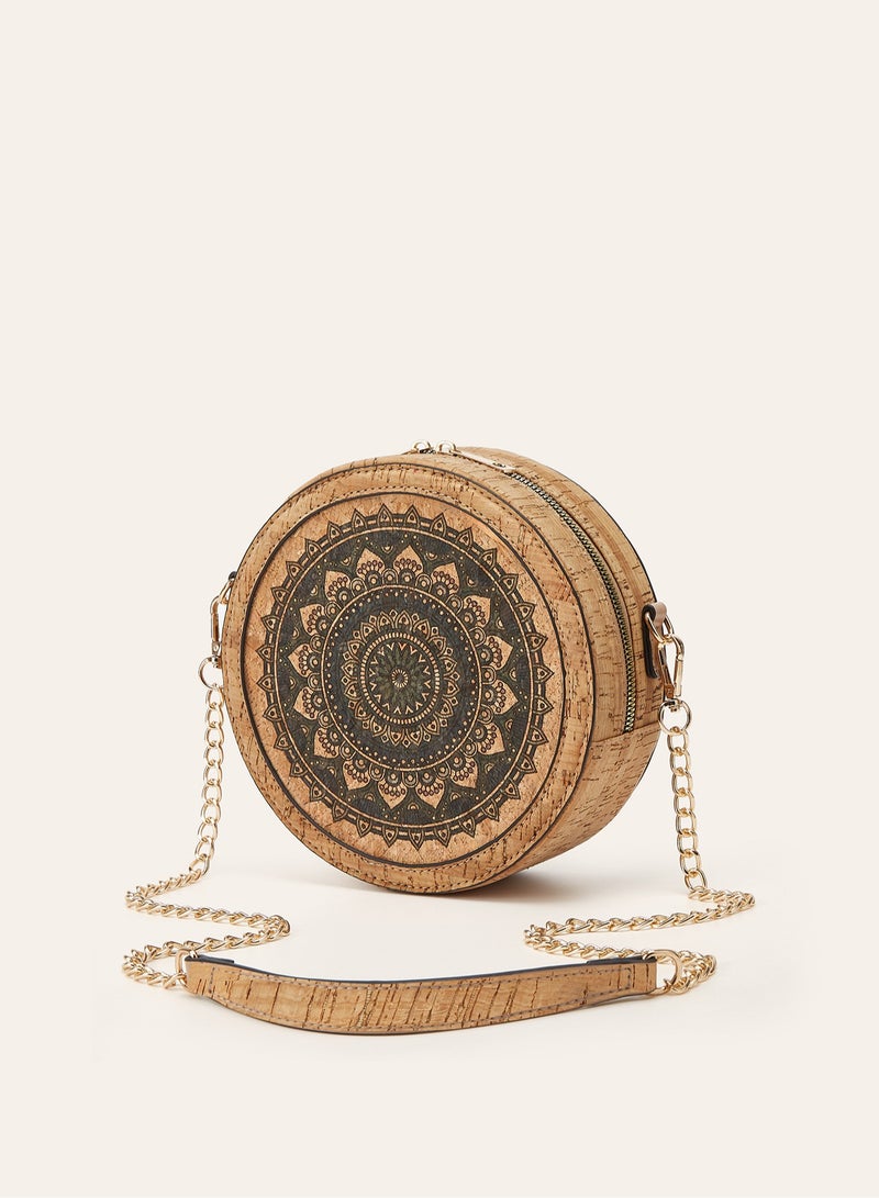 Women Bohemian Mandala Floral Print Round Crossbody Bag, Recycled Cork Circular Chain Shoulder Handbag - Image 2